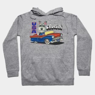 Humorous and cute schnauzer driving a funny classic car through the USA Hoodie